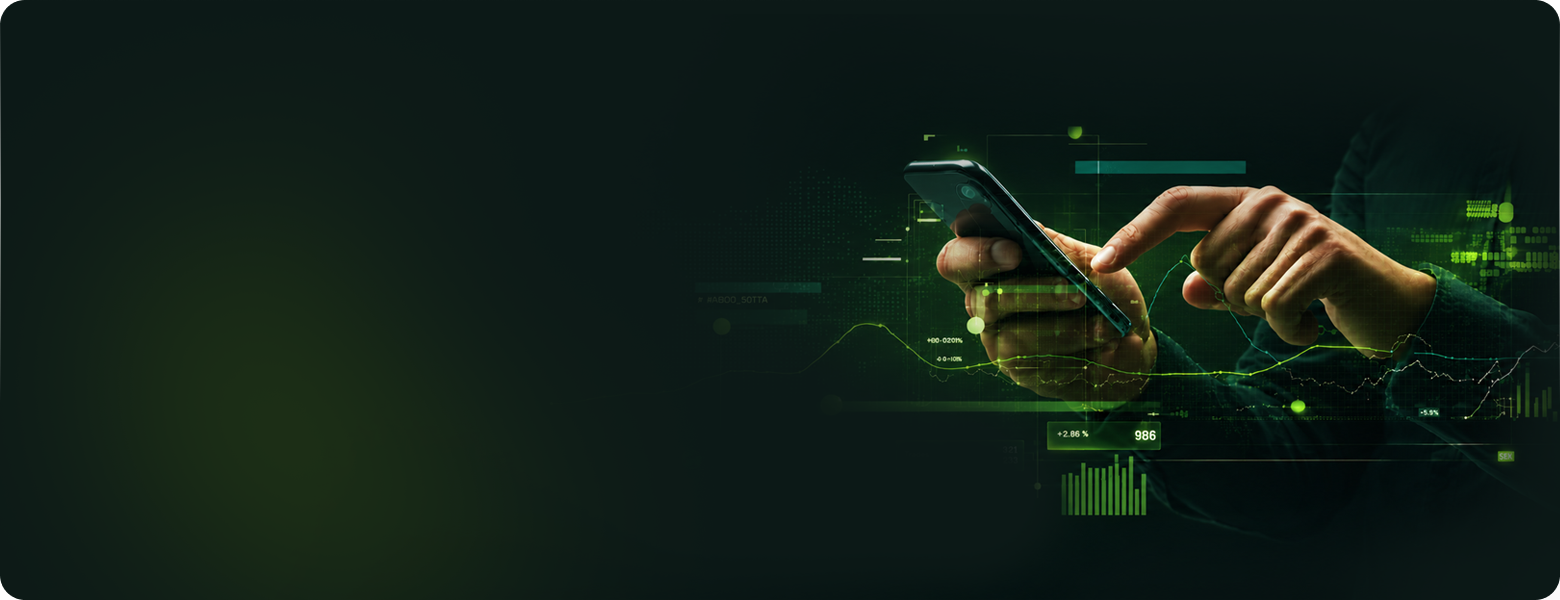 Hands using a mobile phone with green trading overlays