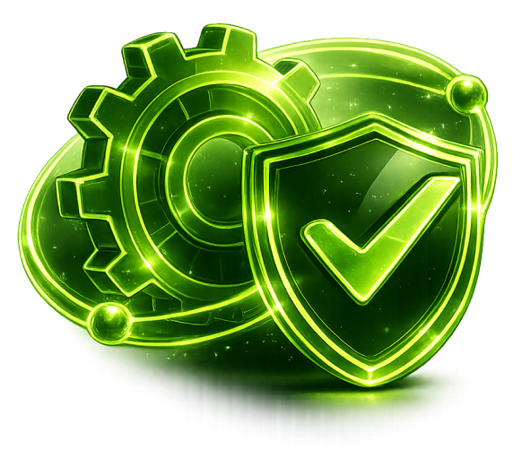 Glowing gear and shield illustration representing operational integrity