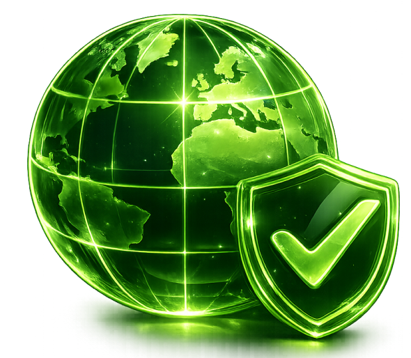 Glowing globe and shield illustration representing global licensing