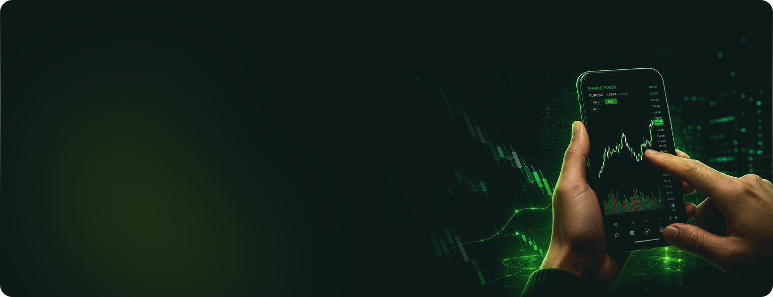 Hands holding a glowing MV Social phone interface over green market graphics