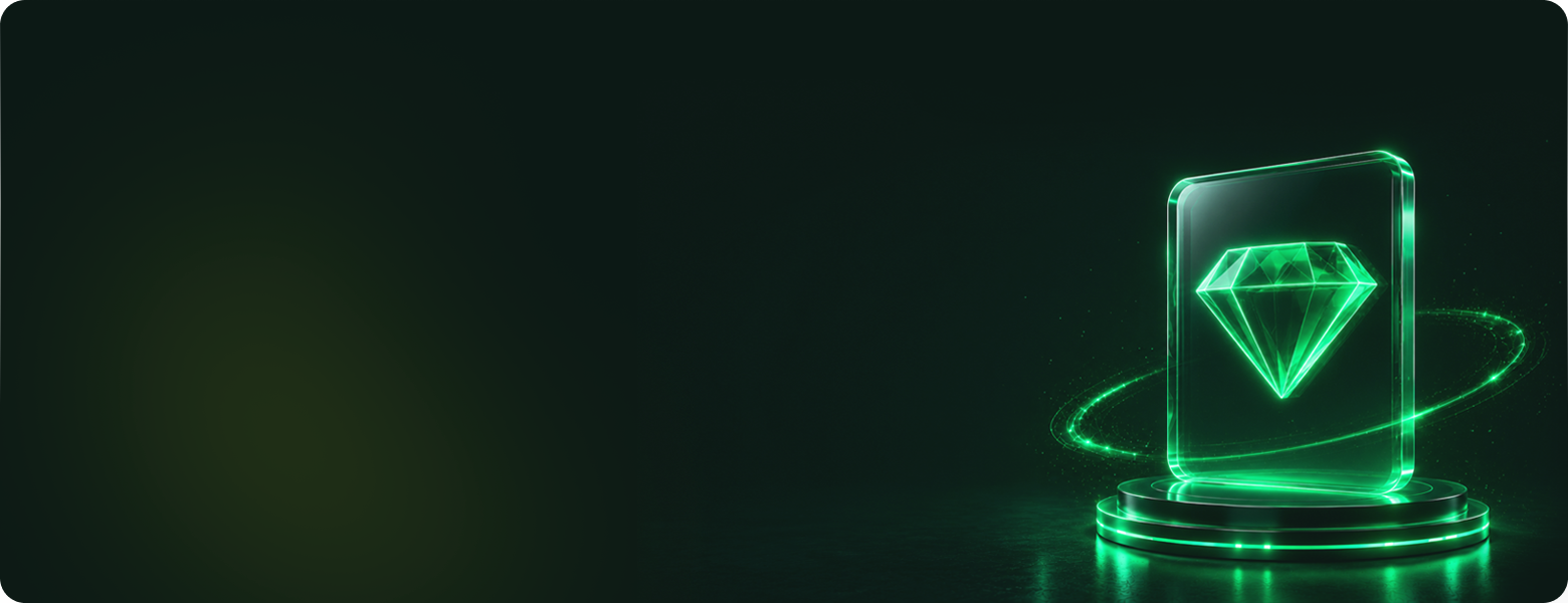 Glowing green diamond enclosed in a translucent display case