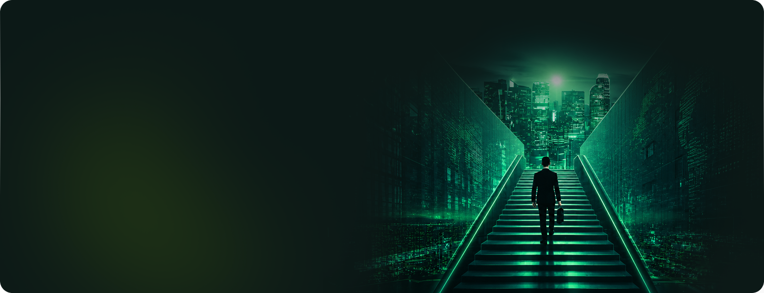 A professional walking up illuminated stairs toward a glowing city skyline