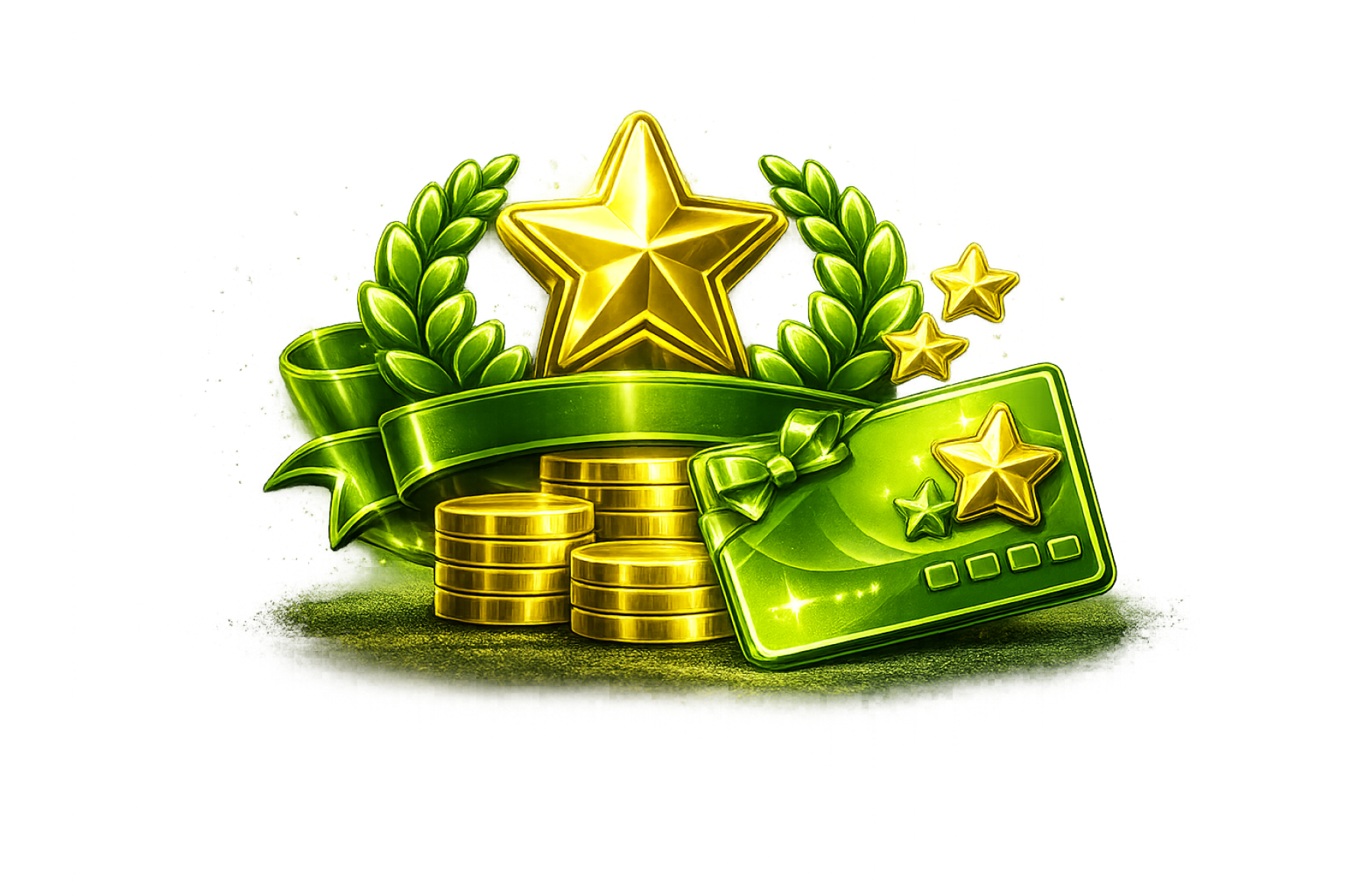 Loyalty rewards illustration with green ribbon, gold star, and trading reward card