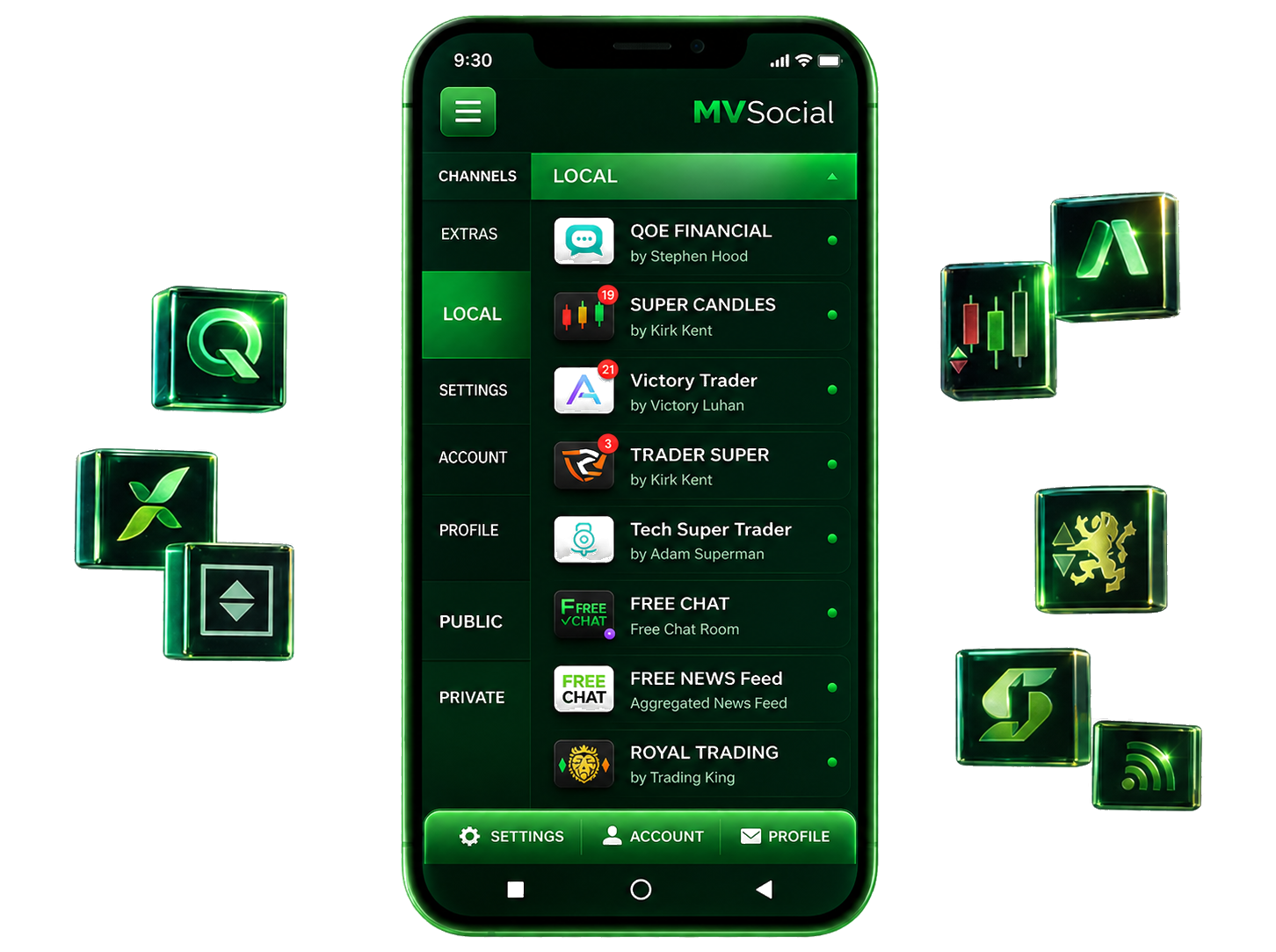 MV Social platform overview composition with phone and floating glass icons